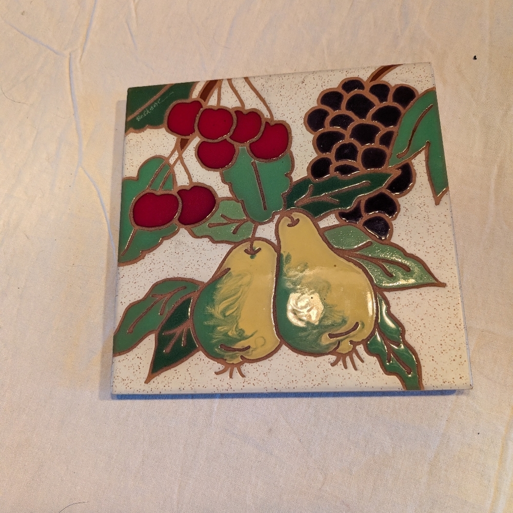 2/30$ Vintage Fruit Ceramic Wall Tile with Red, Yellow, Green and Black Accents